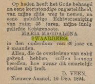 Overlijden Maria Magdalena Swaarberg